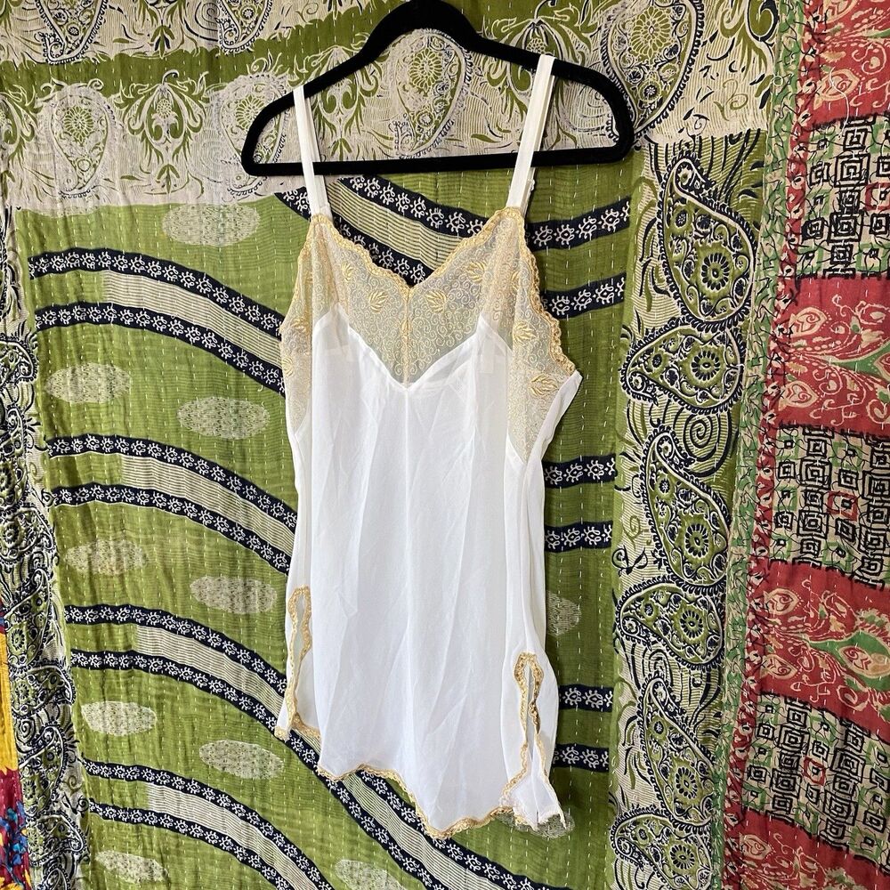 90's Victoria's Secret Ivory/ Gold Sheer Chiffon Mini Slip Dress Size Medium - Picture 7 of 13